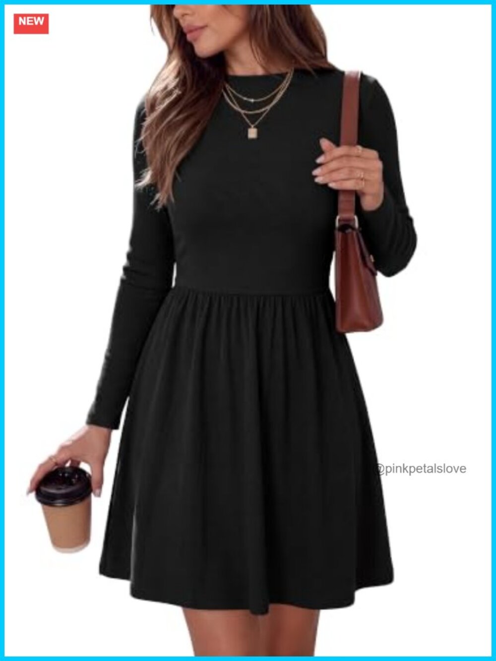 Mock Neck Long Sleeve A Line Flowy Mini Dress Stretchy Knit